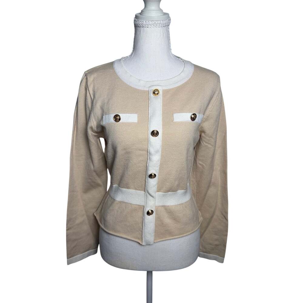 Merokeety Beige Cream Colorblock Gold Button Peplum Knit Cardigan